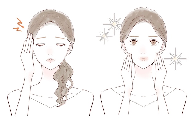 До и после женщин, страдающих головными болями. на белом фоне.