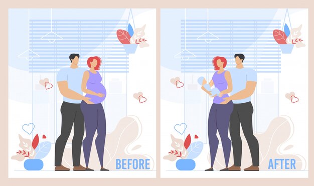 Before childbirth and after pregnancy cartoon set