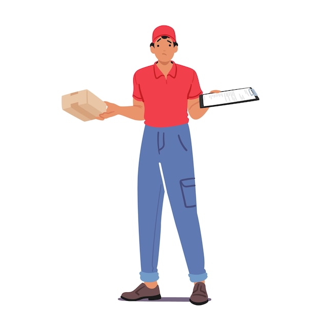 befuddled courier character holds a parcel in one hand and a clipboard in the other wearing a perplexed expression while searching for the correct destination cartoon people vector illustration