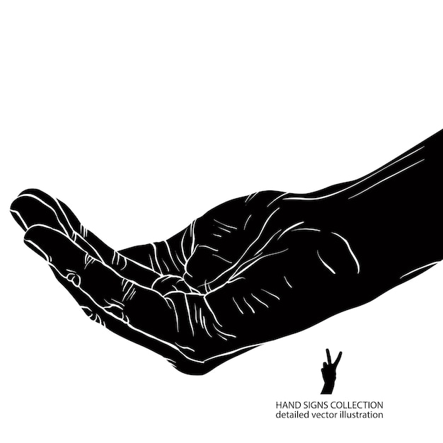 Vector begging hand, detailed black and white vector illustration.