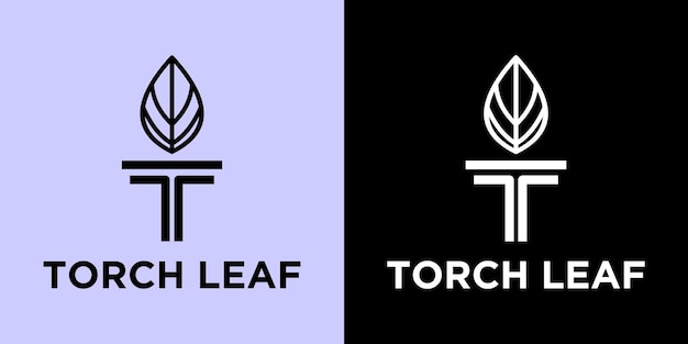 Beginletter T Burning Torch-bladeren met logo-ontwerp van pilaarkolom