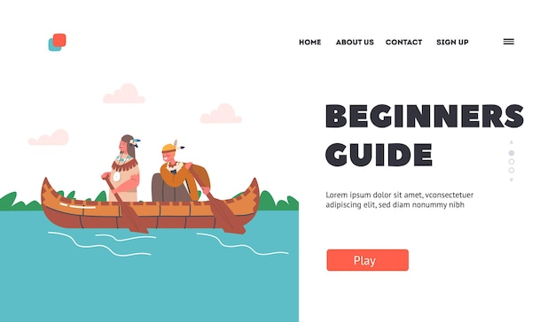 ベクトル 初心者ガイドランディングページテンプレート子供たちはネイティブアメリカンの衣装を着てカヌーで泳ぐ子供たちの手漕ぎボート