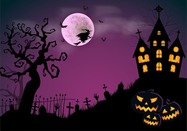 Begraafplaats op heuvel Halloween achtergrond met dode bomen volle maan vleermuizen grafsteen en kasteel Violet sjabloon
