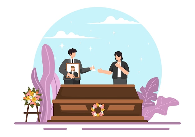 Begrafenisceremonie Vector illustratie van verdrietige mensen in zwarte kleren die bij een graf staan met kransen rond een kist op een platte cartoon achtergrond