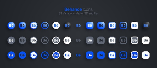 Набор иконок Behance современный 3D и плоский в разных вариациях