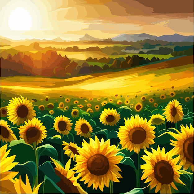 Behang zonnebloem veld landschap tegen blauwe hemel met wolken natuur vectorillustratie