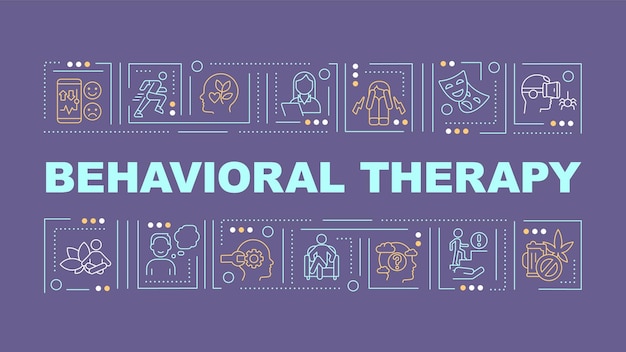Behavioral therapy text with various thin line icons concept on dark purple background editable 2D vector illustration