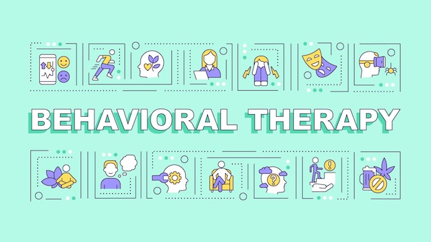 Behavioral therapy text with various thin linear icons concept on green monochromatic background editable 2D vector illustration