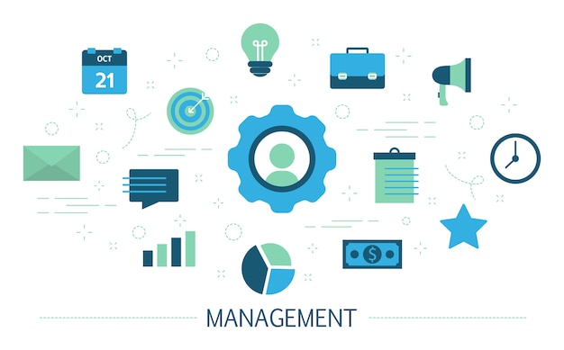 Beheer concept. Idee van zakelijk werk met mensen en strategie die voor succes zorgen. Workflow planning en brainstormen. Reeks kleurrijke pictogrammen. Geïsoleerd plat