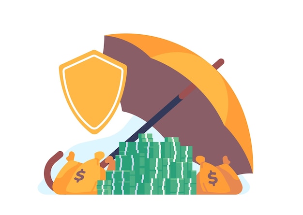 Vector behoud of bescherming van geld stapels dollarbankbiljetten onder paraplu verzekeringsschild investeringsbescherming bankdeposito veilig financieel veilig veiligheidsgarantie vectorconcept