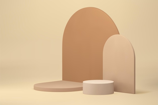 Beige 3d cylinder podium neutral pedestal mock up for cosmetic product show presentation vector illustration Realistic semicircle stand with curved wall background pastel commercial showcase