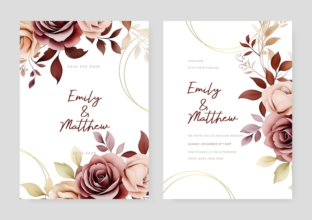 ベクトル ベージュと茶色の田舎のバラ エレガントな水彩の花と葉の結婚式の招待カードのテンプレート