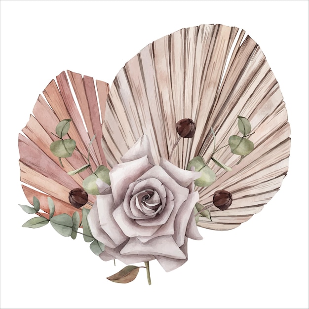 Beige aquarel Hand getrokken Boho bloemen illustratie geïsoleerd op witte tropische Palm bloemen Clipart