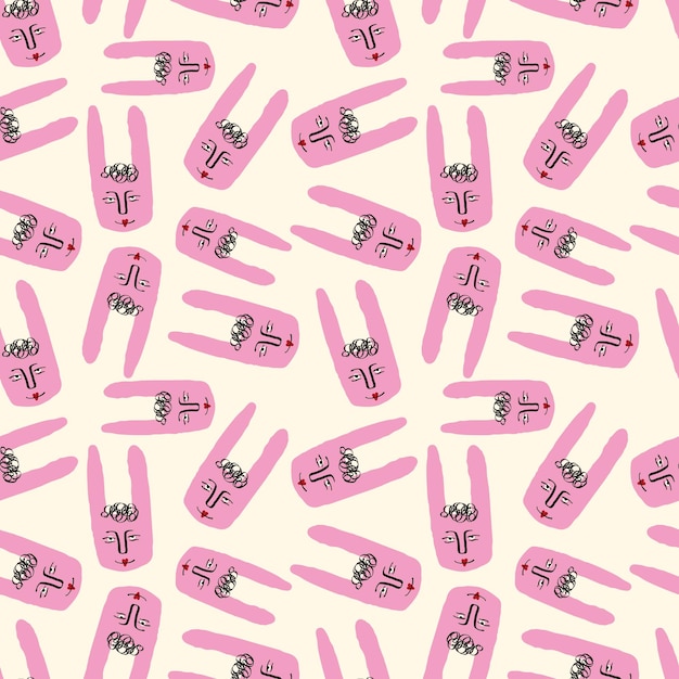 A beige background with a bunch of pink cartoon rabbits with red lips