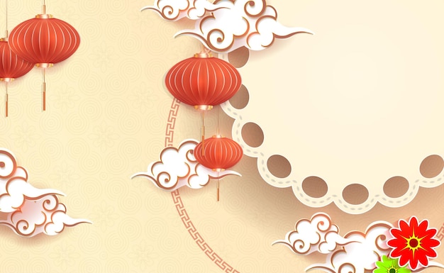 Beige background with a round frame hanging lanterns clouds in the style of paper art