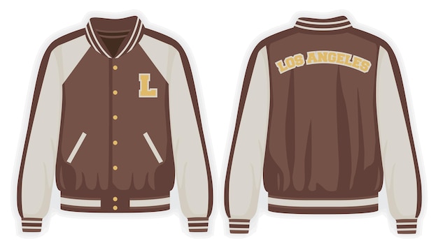 Beige brown varsity jacket front and back view vector mockup illustration