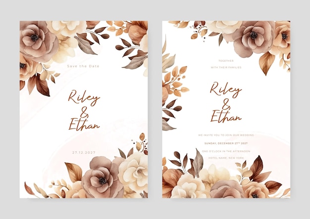 Beige brown and white peony modern wedding invitation template with floral and flower