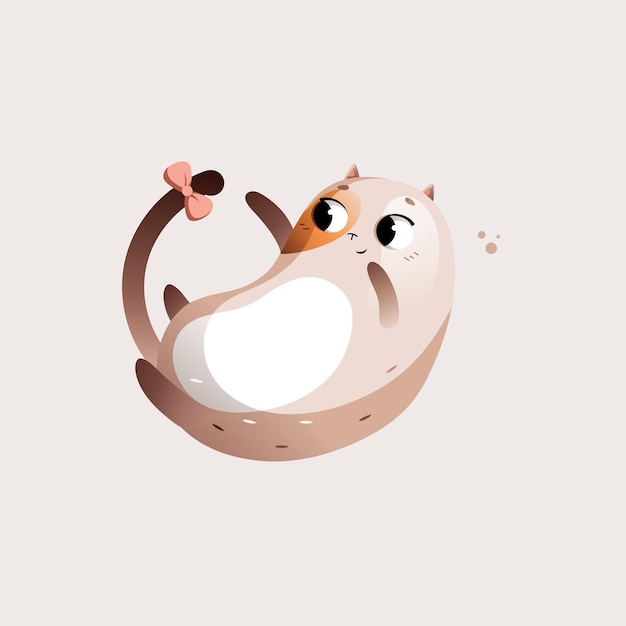 Beige Cartoon Fat Cat Playing with its tail. Vector clipart.