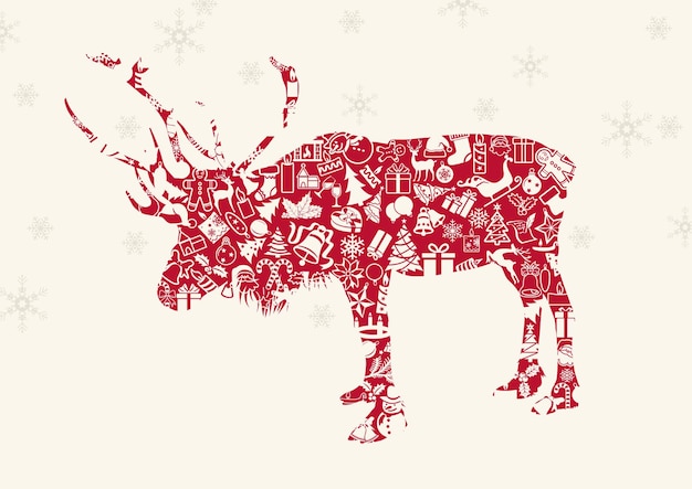 Beige Christmas Background with Silver Snowflakes and One Red Reindeer Formed from Christmas Icons