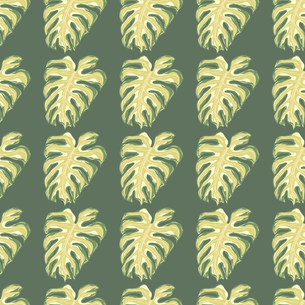 Beige colored monstera leaves seamless pattern in pale tones. grey background. abstract nature print. decorative backdrop for fabric design, textile print, wrapping, cover. vector illustration.