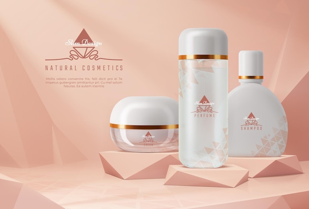 Beige or coral podium with cosmetics mockup