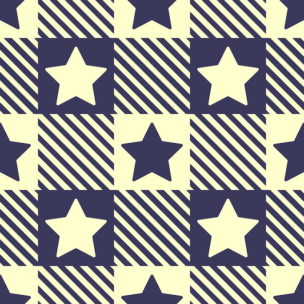 Beige and dark blue stars on gingham background Vector seamless pattern in soft retro pastel colors