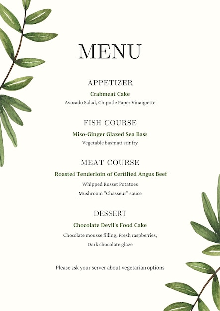 Beige and green floral wedding menu