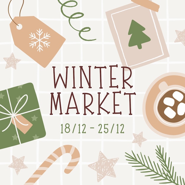 beige green white hand drawn simple illustrated winter market instagram post