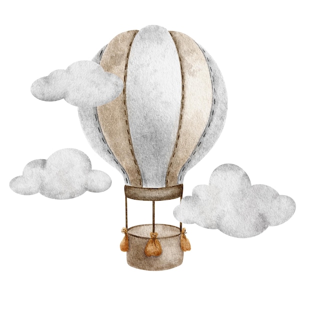 Beige Hot Air Balloon with basket flying in clouds Cute baby aircraft Watercolor illustration