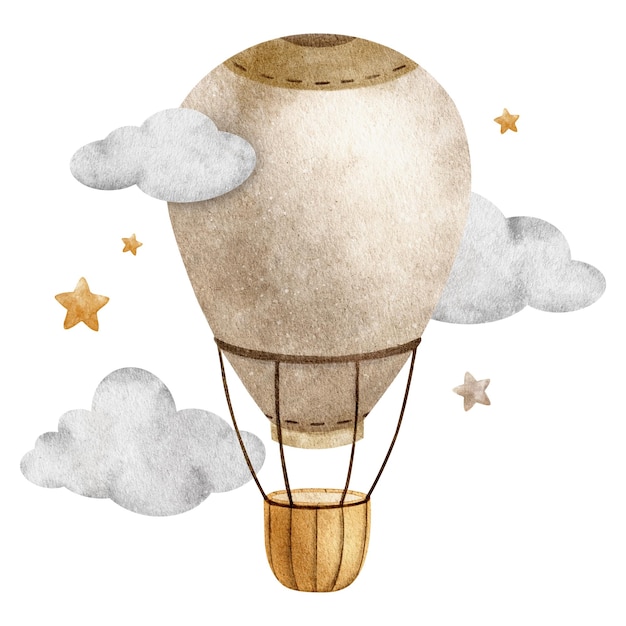 Beige Hot Air Balloon with basket flying in clouds and stars Cute aircraft Watercolor illustration