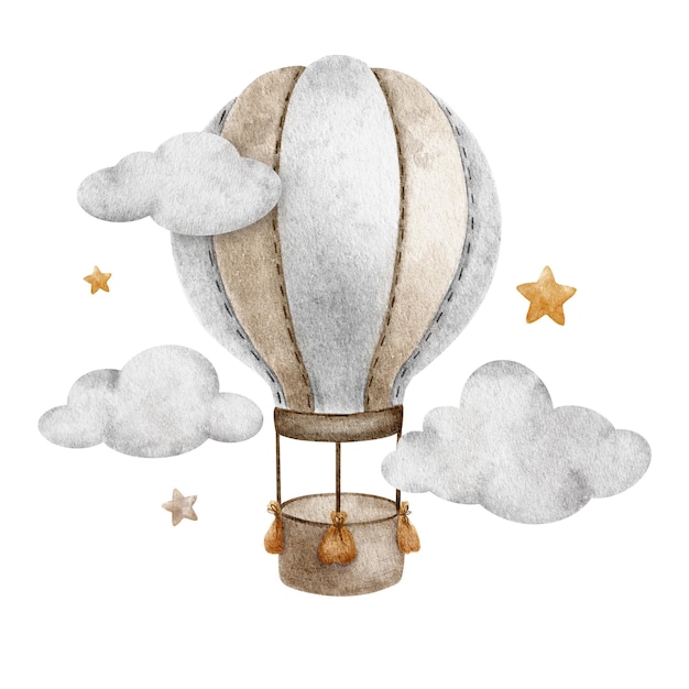 Beige Hot Air Balloon with basket flying in clouds and stars Cute baby aircraft Watercolor