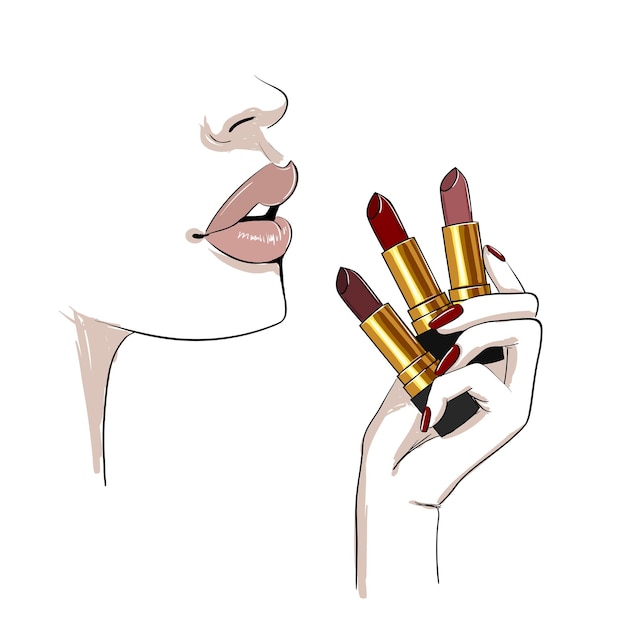 Vector beige lips and hand with lipsticks