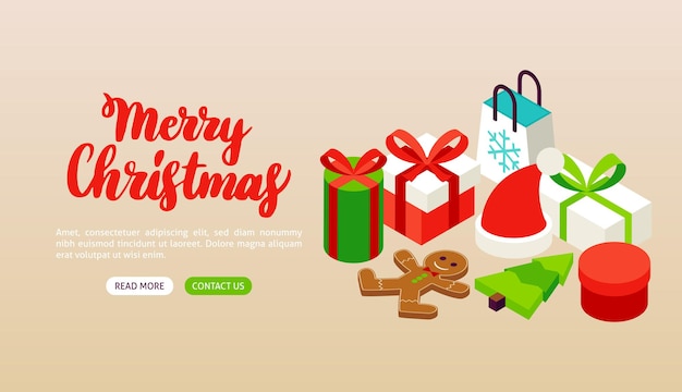 Beige merry christmas tree banner. vector illustration of winter holiday isometry.