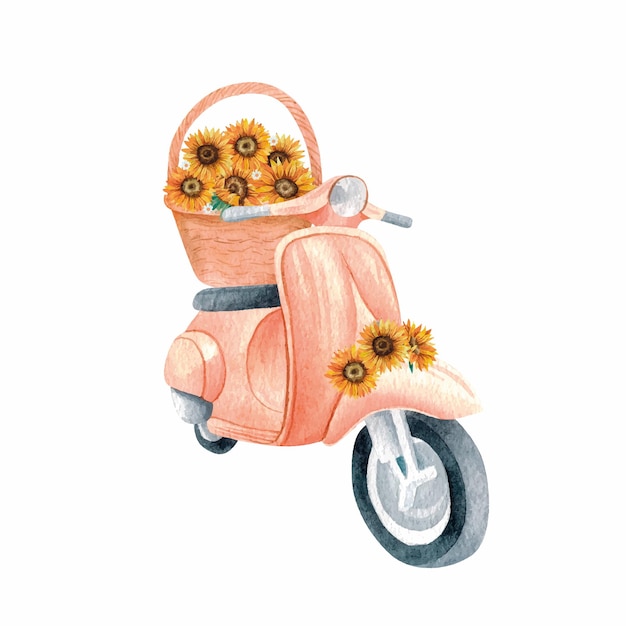 Beige motorbike with sunflowers basket watercolor hand drawn scooter illustration with flowers