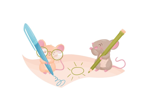 Beige mouse with glasses draw a blue spiral pen Gray mouse draws a green pencil in the sun Vector illustration on white background