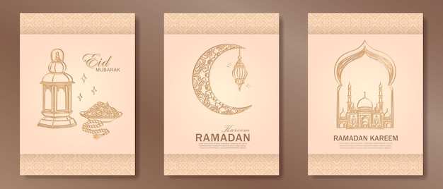 Beige Ramadan Mubarak groetekaartjes met lineaire gouden moskee halve maan Arabische lantaarn rozenkrans data