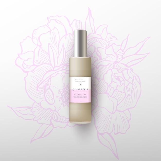 Beige realistische crème dispenser, lotion, gel, met design label. bloemen pioenrozen illustratie