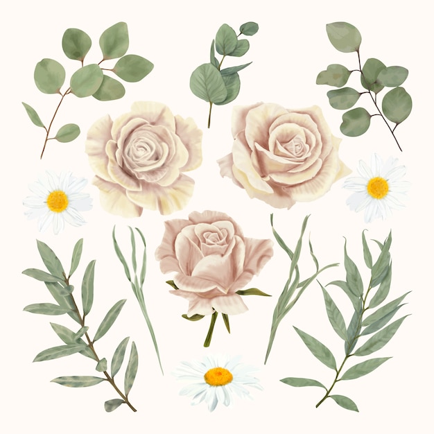 Beige Roses With Daisy And Eucalyptus Leaves