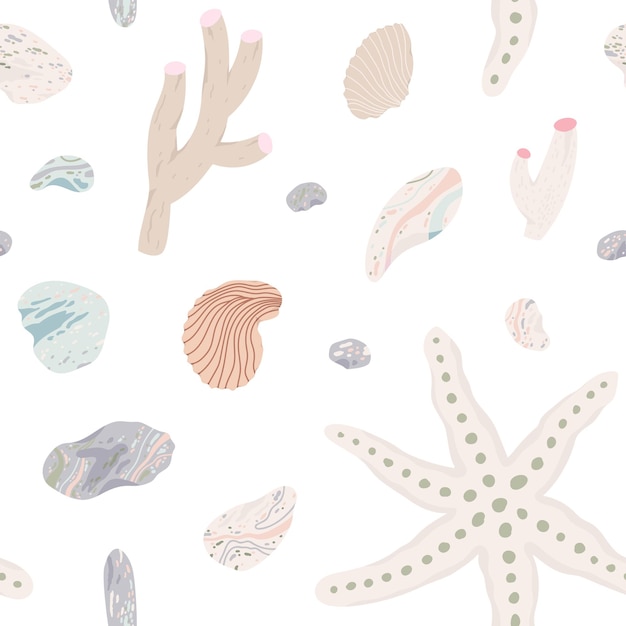 Beige seamless pattern with seashells starfish and pebble on white background pastel vector