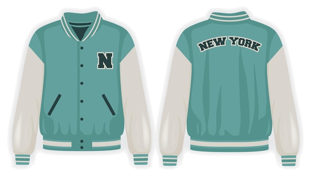 Vector beige teal varsity jacket front and back view vector mockup illustration