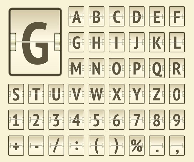 目的地と時刻表のベクトル図を表示する数字を持つベージュのターミナル機械スコアボード通常フォント