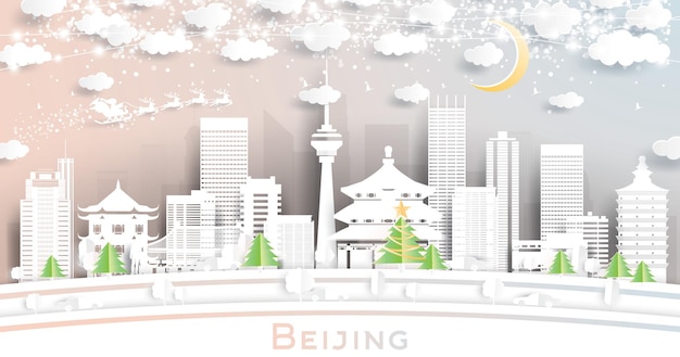 Пекин, китай, город в стиле вырезки из бумаги со снежинками, луной и неоновой гирляндой. векторная иллюстрация. концепция рождества и нового года. дед мороз на санях.