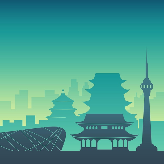 Vettore vista di paesaggio urbano quadrato di pechino cina nei colori verde blu