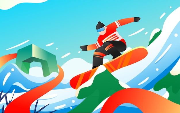 Vector beijing winter olympics skiing character illustration winter sports fitness poster