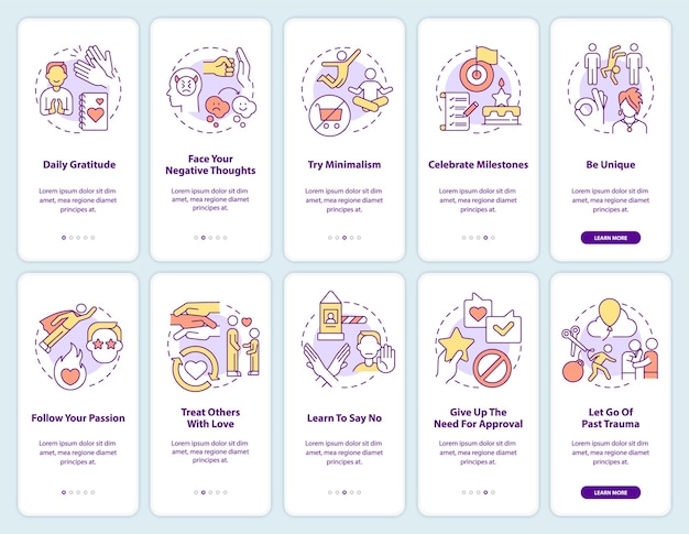Being kind to yourself steps onboarding mobile app screen set