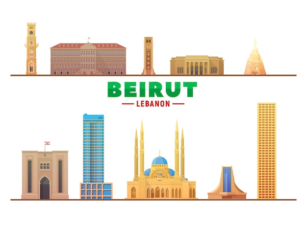 Beiroet Libanon top bezienswaardigheden op witte achtergrond Vector Illustratie Zakelijk reizen en toerisme concept met moderne gebouwen Afbeelding voor banner of website
