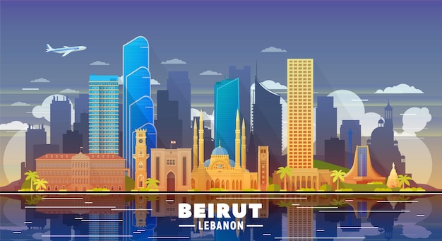 Orizzonte di beirut libano con panorama sullo sfondo del cielo serale illustrazione vettoriale viaggi d'affari e concetto di turismo con edifici moderni immagine per banner o sito web