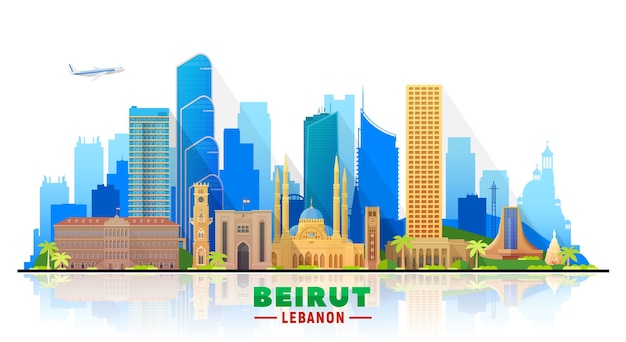 Orizzonte di beirut libano con panorama sullo sfondo del cielo. illustrazione vettoriale. concetto di viaggio d'affari e turismo con edifici moderni. immagine per banner o sito web.