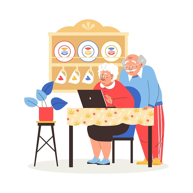 Vector bejaard echtpaar met behulp van laptop thuis platte vectorillustratie geïsoleerd