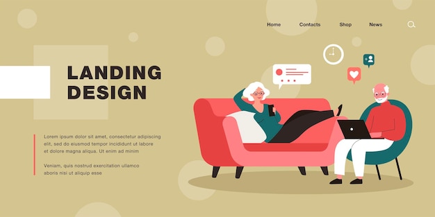 Bejaard echtpaar rust in de woonkamer met behulp van gadgets. Platte vectorillustratie. Moderne gepensioneerden die smartphone en laptop gebruiken, communiceren op internet. Familie, technologie, sociaal netwerkconcept